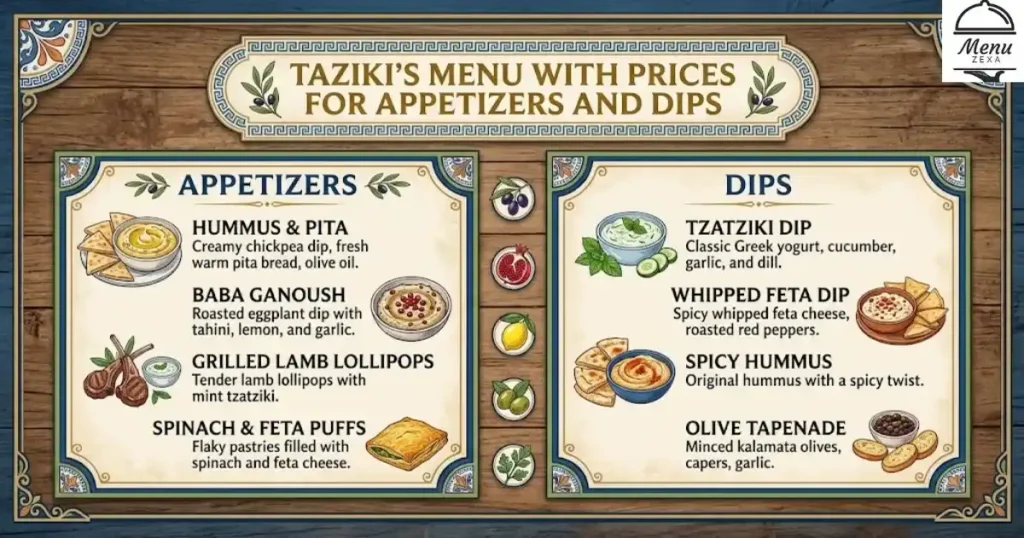 Taziki's Menu With Prices for Appetizers and Dips