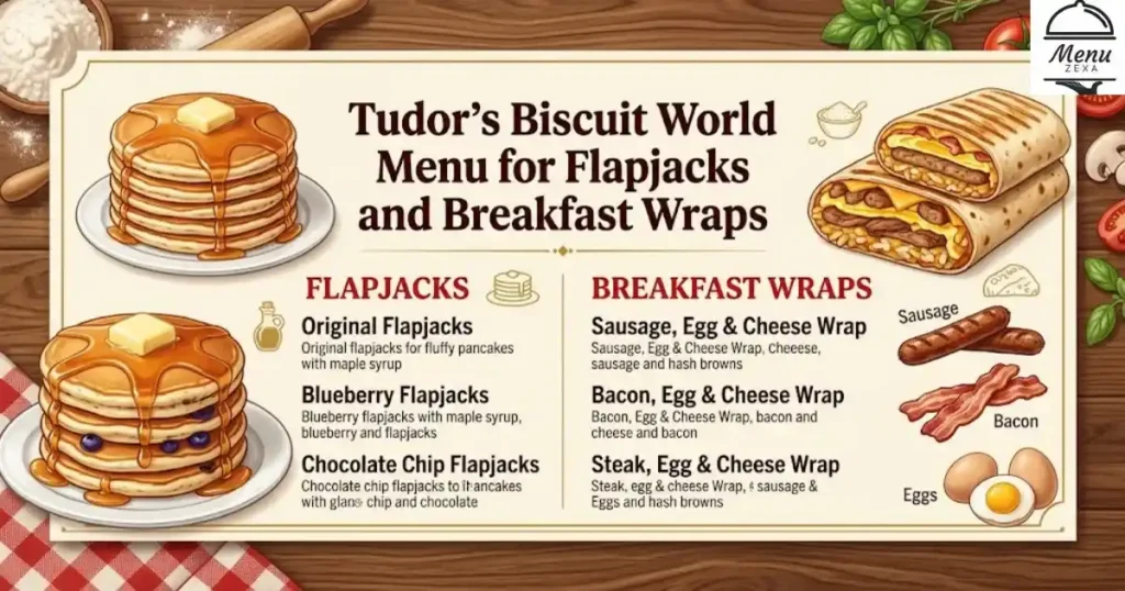 Tudor's Biscuit World Menu With Prices for Flapjacks and Breakfast Wraps
